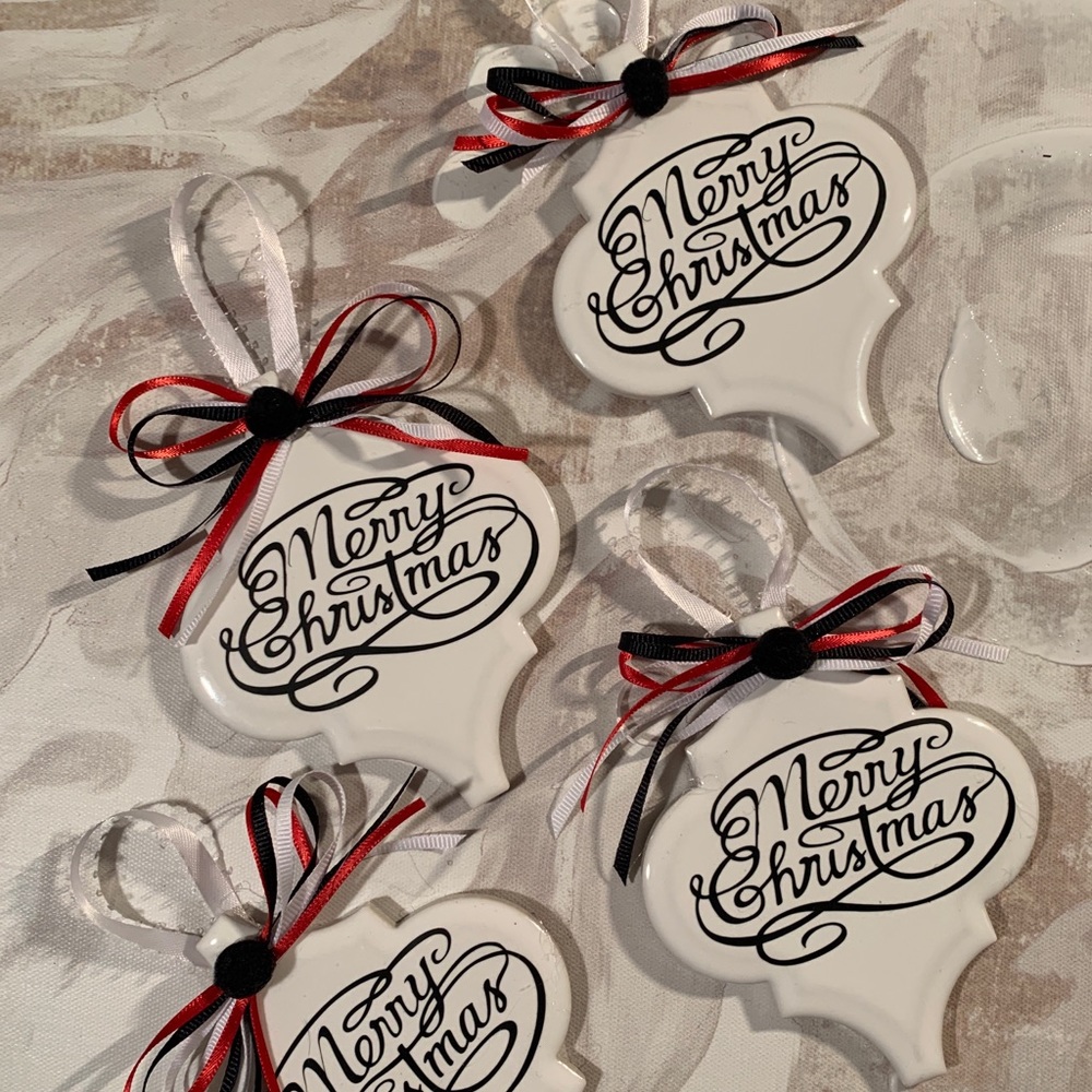 Set of 4 Ceramic “Merry Christmas” Tree Ornaments New Handmade Red White Black